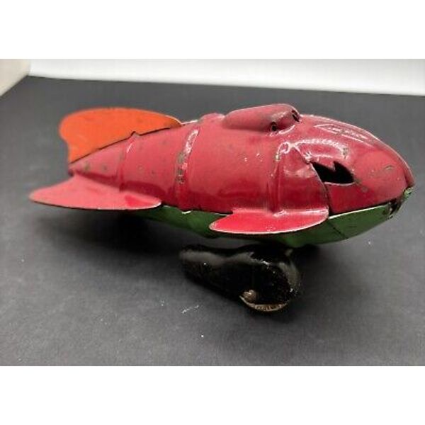 Vintage Wyandotte Buck Rogers Rocket Ship Toy Metal W/ Wheels Red, Orange, Green