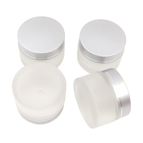 Hsthe Sea 4 Pieces Packs 50ml / 50g Empty Sample Jars Refillable Frosted Glass Cream Jar Bottle with silver Lid Containers