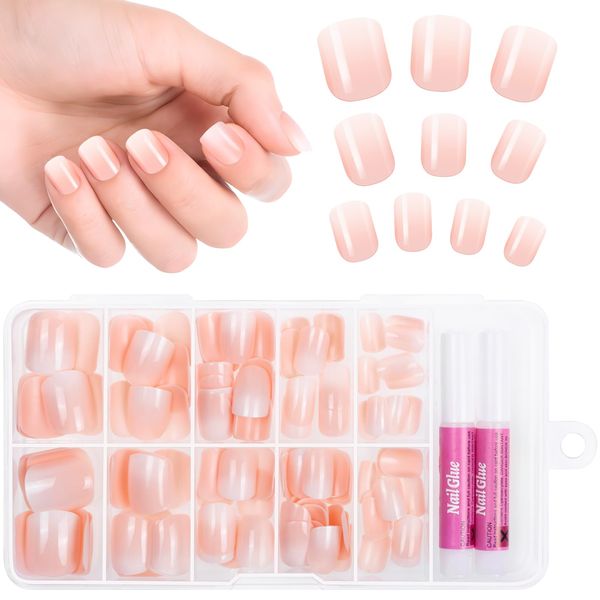 Kiiwah 120 Pcs 12 Sizes Manicure False Nails With Glue, Natural Gradient Pink False Nails for Women, Acrylic Fake Nails French Tip with Nail Glue for Women Girls Nails Art