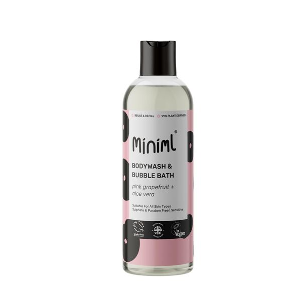 Miniml All Natural Body Wash and Bubble Bath - 500ml Moisturising Pink Grapefruit and Aloe Vera Sensitive Skin Eco Shower Gel Bath Soak - Vegan Friendly Hand, Face & Body High Foam