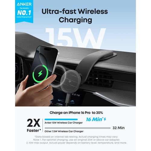 Anker Nano Magnetic Wireless Car Charger, 360° Adjustable Mount Car Charger with Detachable Pad, 15W Qi2 Certified with Alloy Bracket, Fast Charging for iPhone 16/15/14/13/12 Series (Adapter Included)