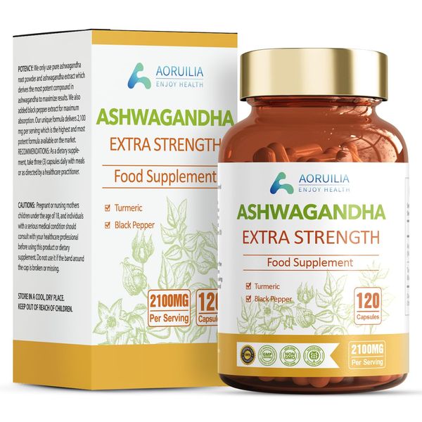 Ashwagandha Capsules 2100mg Pure Ashwagandha Root with Black Pepper & Turmeric for Ultra Absorption per Day, Strength, Spirit & Immune Support Non-GMO, Gluten Free - 120 Capsules