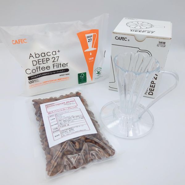 Coffee Bean Set, Flower Dripper DEEP27 (1 Cup) with Abacaplus Paper (Clear, Bean State)