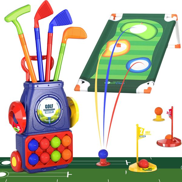 QDRAGON Kids Golf Clubs, 2 in 1 Toddler Golf Set with 8 Balls/Cornhole Board & Putting Mat/Golf Cart with Wheels, Indoor Outdoor Sport Toys Gifts for Boys Girls Ages 3 4 5 6+, Blue