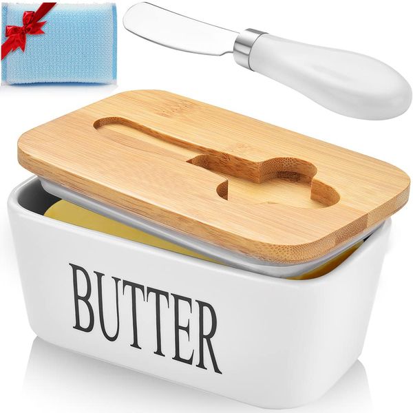 Large Butter Dish with Lid, Butter Dish with Lid for Countertop, Ceramic Butter Dish with lid and knife, Butter Keeper Double Silicone Seals, Perfect for 2 Sticks of Butter, White