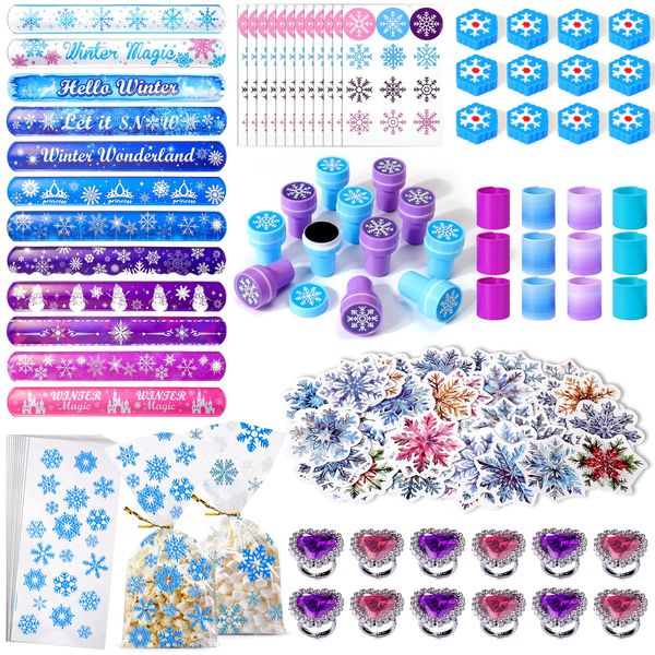 XANGNIER 134 Pcs Frozen Birthday Party Favors Decorations, Winter Frozen Party Supplies with Goodie Bag Snowflake Stickers Heart Ring Erasers Silicone Slap Bracelets Stamp Coil Springs