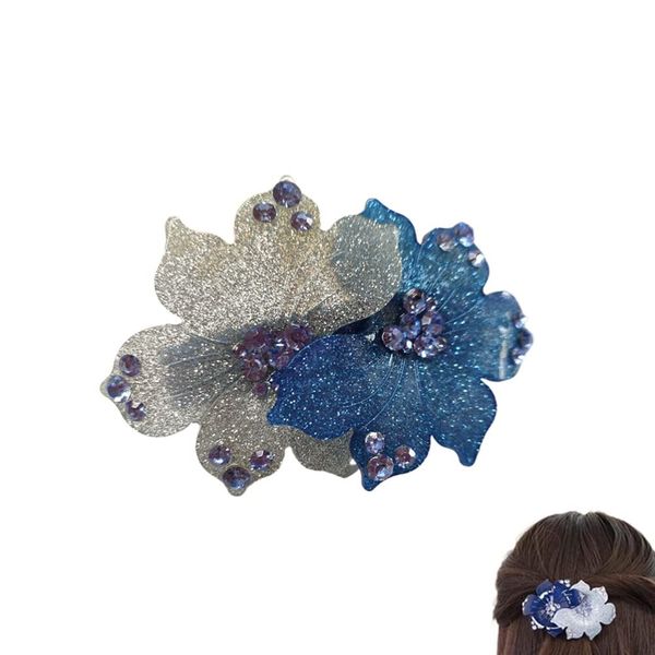 Fashion Rhinestone French Barrette Hair Clip, Two-Tone Floral Flower Hairpin Clip Headdress for Women Ladies Hair Accessories (Blue)