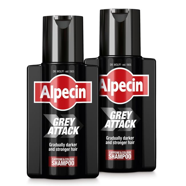 Alpecin Grey Attack Caffeine & Colour Shampoo for Men 2x 200ml | Gradually Darker and Stronger Hair | Controlled & Natural Looking Colour Effect for Less Greys | Against Thinning Hair