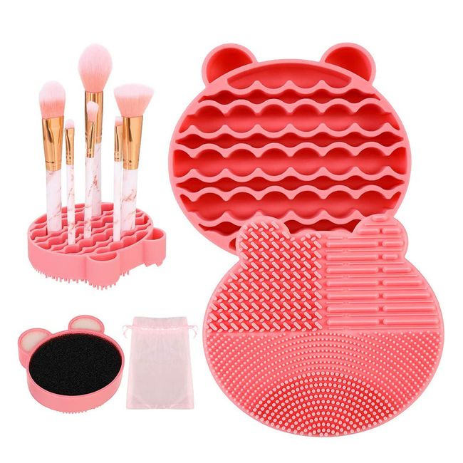 Bztzhm 2 Stück Silikon Pinselreiniger, Silikon Make-up Pinselreiniger, Make-up Pinsel Reinigungs Matte, Pinselreiniger 2 in 1, zum Reinigen und Aufbewahren von Make-up-Pinseln - Rosa