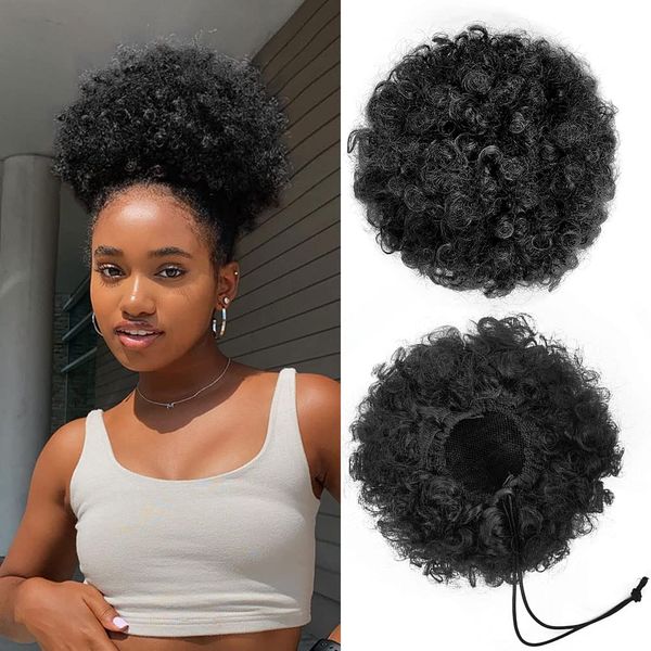 YEAME Afro Puff Drawstring Ponytail for Black Women, Short Kinky Curly Afro Ponytail Synthetic Hair Puffs, Premium Black Afro Bun Drawstring Ponytail for Women Girls (1B Natural Black)