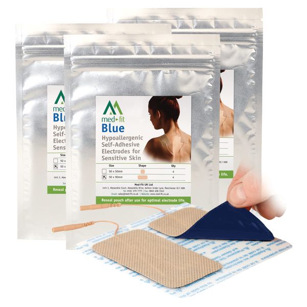 Med-Fit Blue Sensitive Skin TENS Pads 5cm x 9cm 100% Natural Medical Grade Hydro-Gel - Bumper Pack 12 Pads 3 Packs