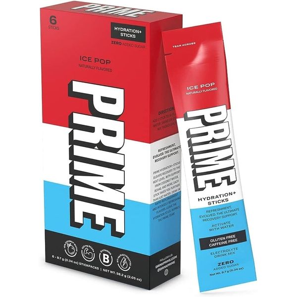 PRIME Hydration+ Sticks ICE POP Single Serve 6 Sticks Electrolyte Powder 250mg