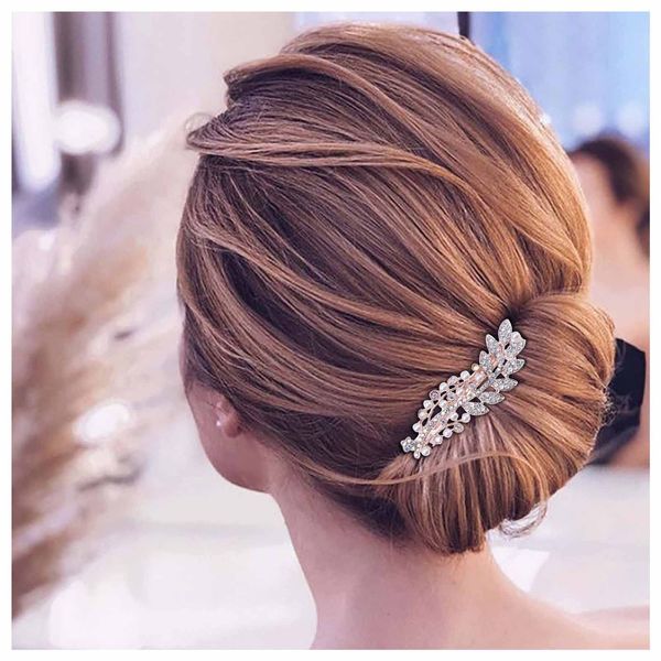 Allereya Crystal Pearl Wedding Hair Clip Barrette Rhinestone Leaf Hair Barrette Clip Gold Bling Bridal Headpieces Decorative Head Clip Headwear Bridal Hair Accessories for Women and Girls