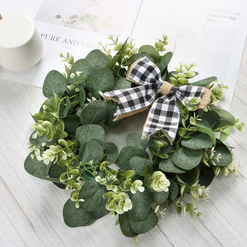 Dremisland 12" Artificial Eucalyptus Wreath with Plaid Bow Wreath Spring Summer Faux Green Leaves Welcome Wreath Garland Easter Decor for Front Door Wall Window Porch Farmhouse Garden