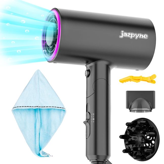 Jazpyne Ionic Hair Dryer, 1800W Foldable Hair Dryer with Diffuser, Added Head Wrap Towel. Lightweight Blow Dryer. Safety Upgraded