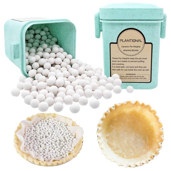 PLANTIONAL Pie Weights - 1.32 LB Ceramic Stoneware Beans in Wheat Straw Container for Blind Baking Pastry Crusts (Green)