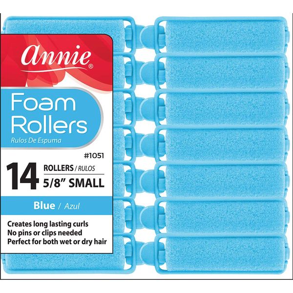 Annie Salon Style Small Foam Hair Rollers - 5/8" Blue - 14 Piece Set - Soft Heat-less Hair Curling Tools