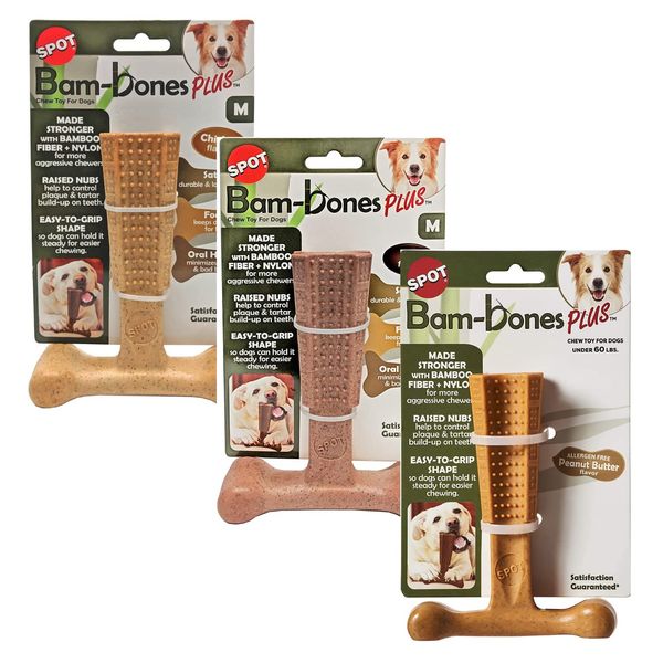 SPOT by Ethical Products 4 in Bambone Plus Easy Grip Peanut Butter, Beef & Chicken Dog Chew Bundle - Bamboo & Nylon Anti Anxiety Bone for Aggressive Chewers & Dental Health for Dogs - Medium (3 Pack)