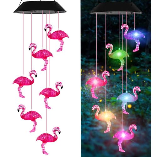 AIONASA Solar Wind Chimes , Flamingo Wind Chimes Birthday Gifts for Mom Grandma Dad, IP65 Waterproof Memorial Wind Chimes with 7 Color Changing LED Lights, Outdoor Decor Garden Yard Decorations