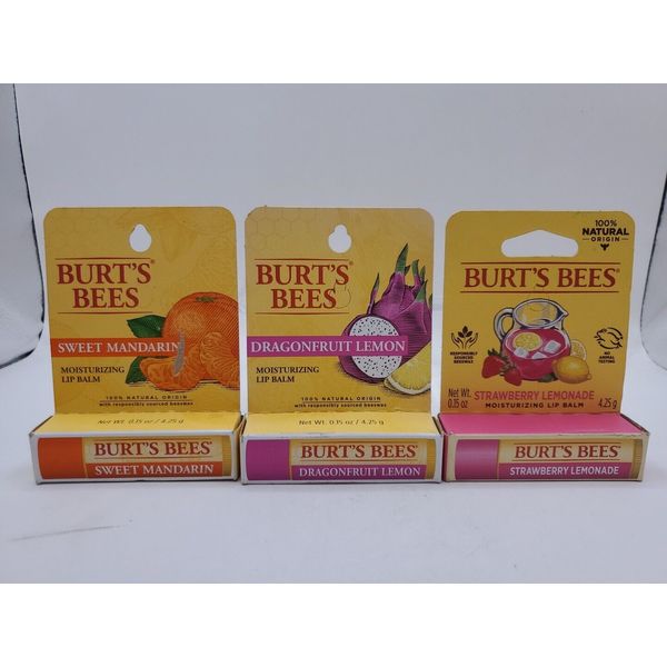 3 Pack Burt's Bees Moisturizing Lip Balm Dragonfruit Strawberry Sweet Mandarin