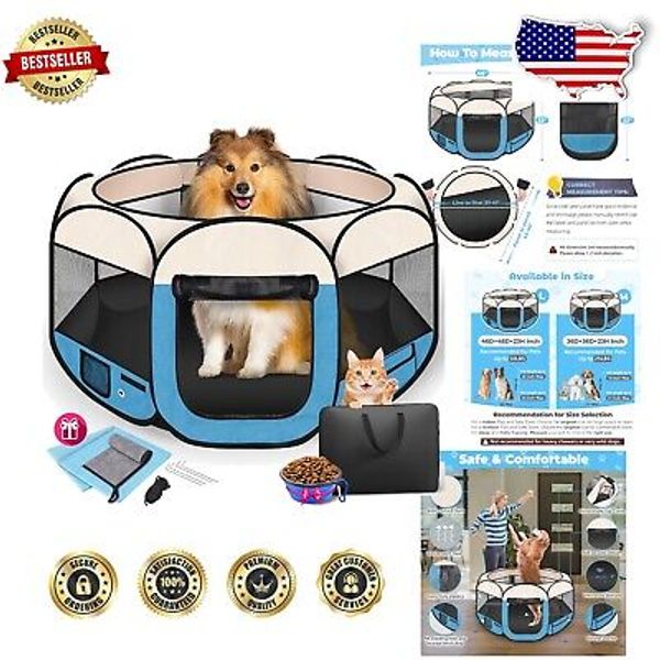 Water-Resistant 45" Portable Pet Playpen with Carrying Case - Blue Comfort