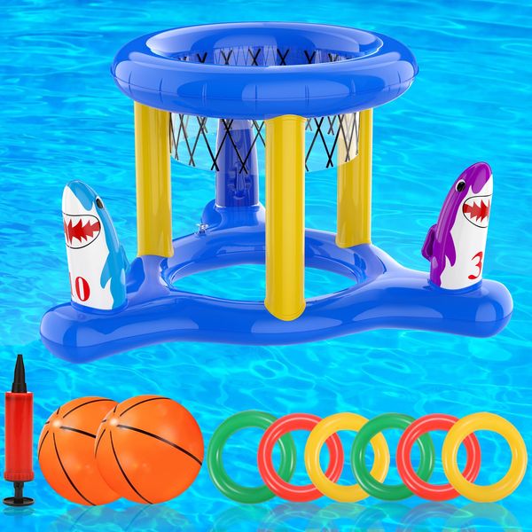 W-Plus Pool Floats Toys Games Set, 2-in-1 Ring Toss & Basketball Hoops Games for Kids Teens & Adults Swimming Pool Pool Lake Ocean Backyard Parties Water Game (Blue)