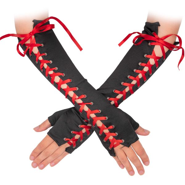 Skeleteen Fingerless Lace Up Gloves - Long Black Costume Elbow Arm Warmer Accessories with Red Satin Laced Tie for Dress Up