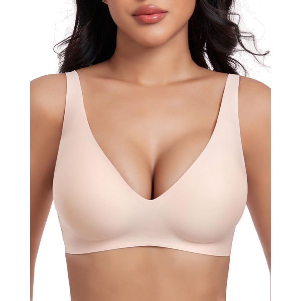 OXYIBRAS Deep V Bars for Women Non-Wired Women's Bras Adjustable Seamless Wireless Bra Buttery Soft Comfort with Bra Extender Beige L