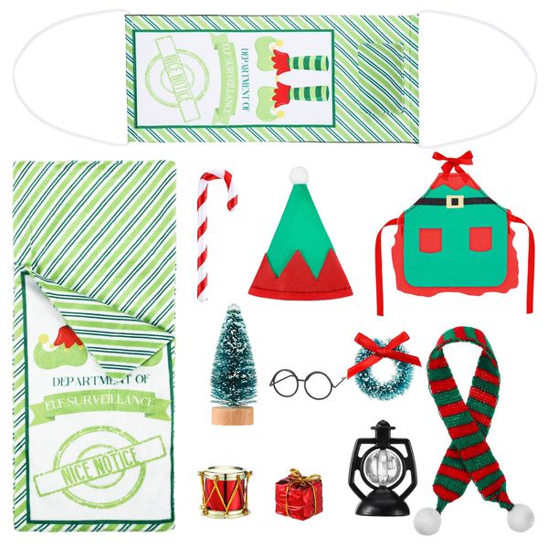 Bencailor 12 Pcs Christmas Elf Doll Accessories Set Include Elf Sleeping Bag Mask Scarf Clothes Hat Glasses Xmas Tree Wreath Crutch Lantern Gift Box Drum Fit for Elf Dolls Xmas, Doll is Not Included