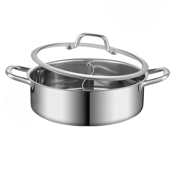 Smdjszh Tabletop Pot, Double-Handed Pot, Hot Pot, Divided Pot, 2 Serving Pot, Two-serving Pot, Two-serving Pot, Wok, Soup Pot, Large Capacity, Easy to Clean, Stainless Steel with Glass Lid,