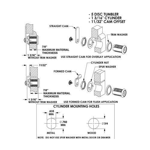 Compx National Cabinet Cam Lock 1-3/16" Cylinder, #C346A Keyed Alike