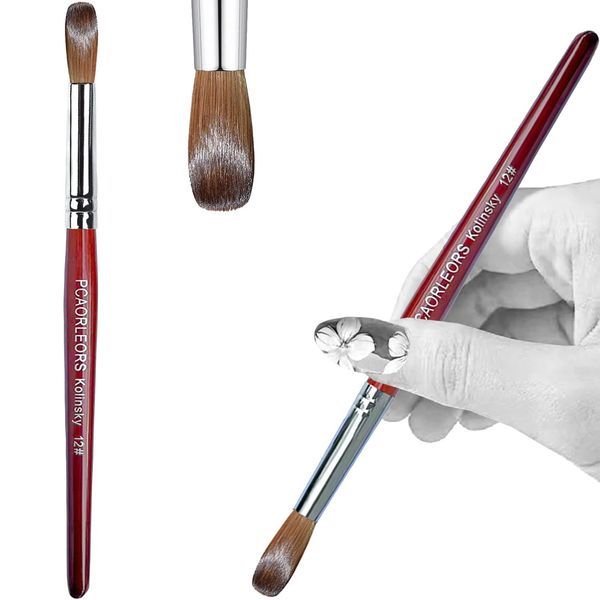 PCUORLEORS Acrylic Nail Brush with Pure Kolinsky Sable Hair and Red Wood Hand, Round/Flat Professional Gel Brush for Acrylic Power and Nail Extension Size #8,10,12 (#12)