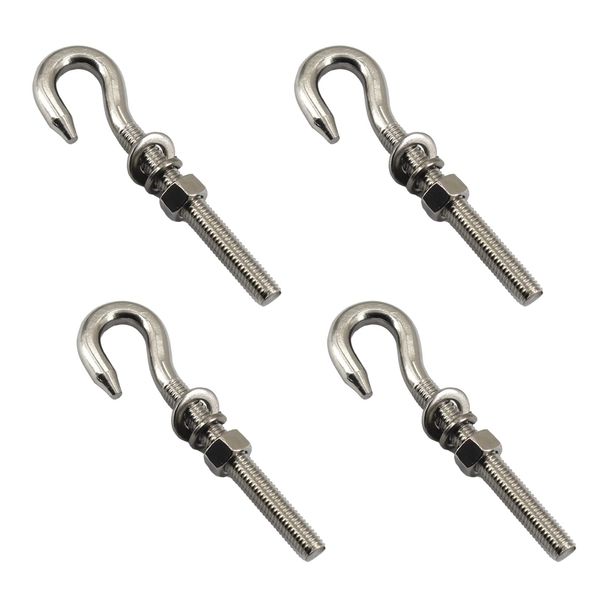 4Pcs M10 Stainless Steel Eye Bolt with Nut and Washers Long Shank Threaded Rod Round Hook Eyelet Bolt Screw