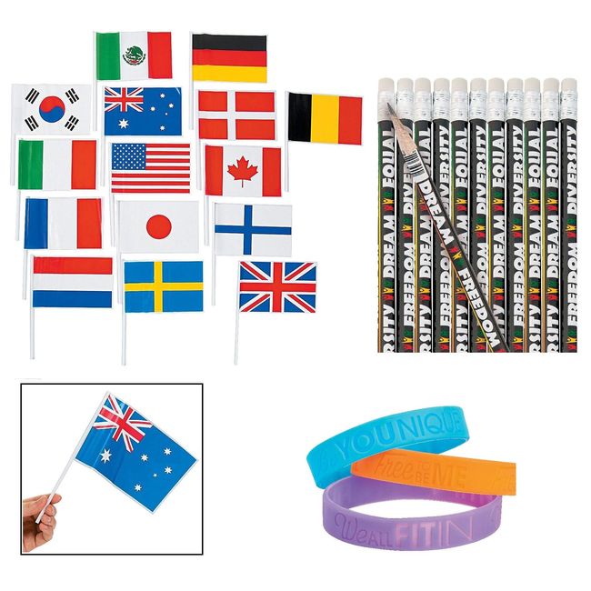- Diversity Pencils (24 pcs) + Flags of All Nations (72 pcs) + Be You Rubber Bracelets (24 Pack) Great International party school kit