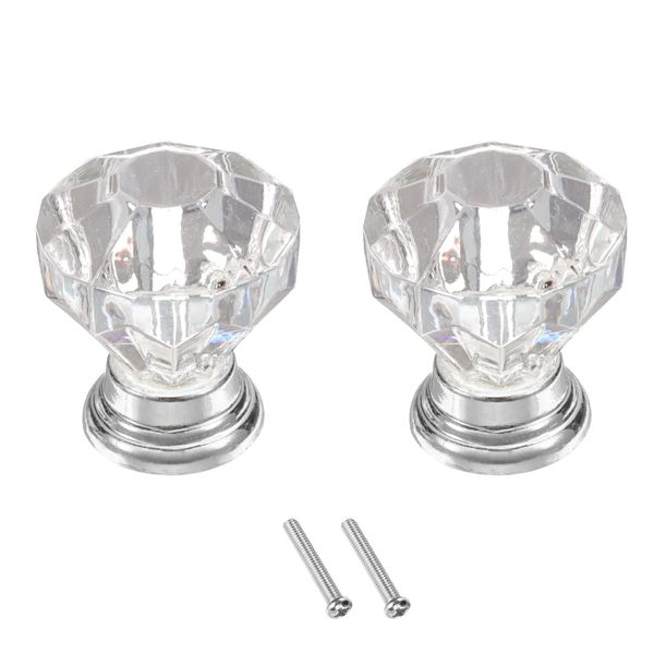 sourcing map 2 Pcs Crystal Knobs 25 mm Drawer Pulls Crystal Drawer Knobs for Cupboard, Wardrobe, Dresser, Clear/Silver
