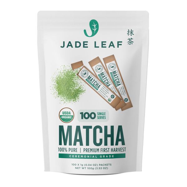 Jade Leaf Matcha Organic Green Tea Powder,Ceremonial Grade, Farm Direct First Harvest, 100 Single Serve Stick Packs - Authentically Japanese (100 Count)