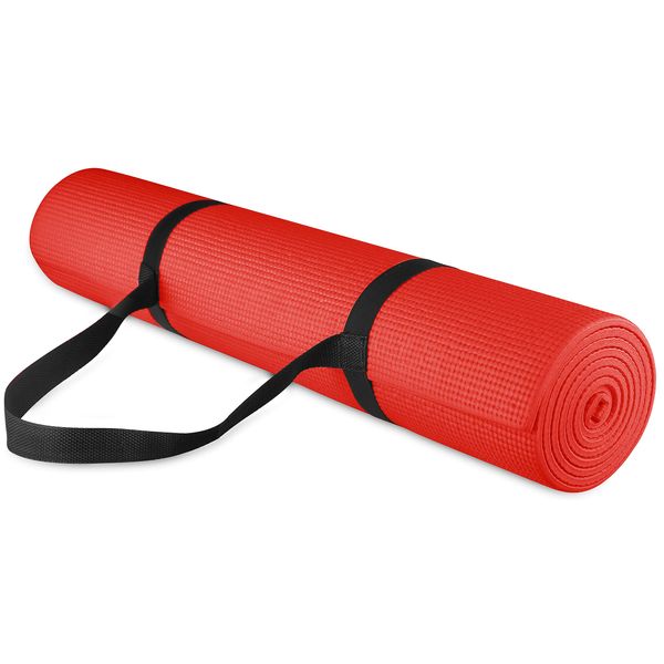 Signature Fitness All-Purpose 1/4-Inch High Density Anti-Tear Exercise Yoga Mat with Carrying Strap, Red