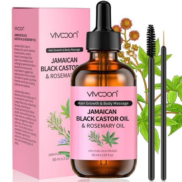 Vivccon Jamaican Organic Black Castor Oil with Rosemary, Cold Pressed,for Hair , Eyelashes and Eyebrows Growth,100% Natural & Pure