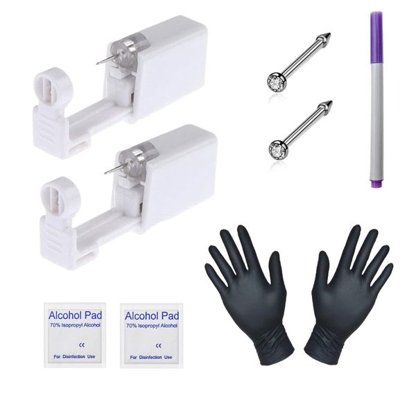 2 Pcs Nose Piercing Kit - Disposable Sterile Home Self Nose Piercing Gun, Safe Painless Stud Piercing Kit Tool with 2mm Stainless Steel Nose Pin (White Crystal)