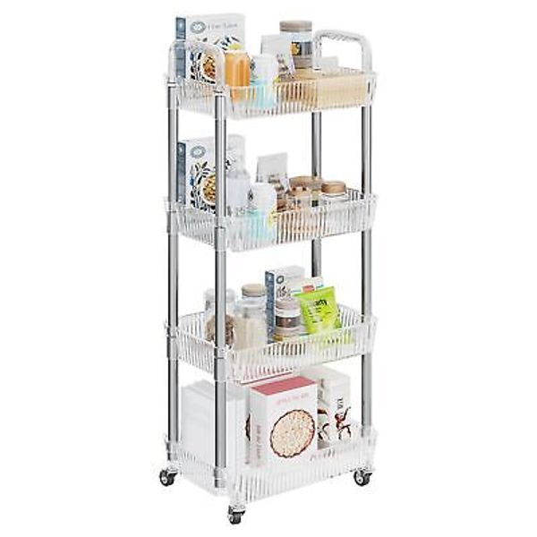 4-Tier Rolling Cart Makeup with Wheels Snack PET and Metal for Living Room