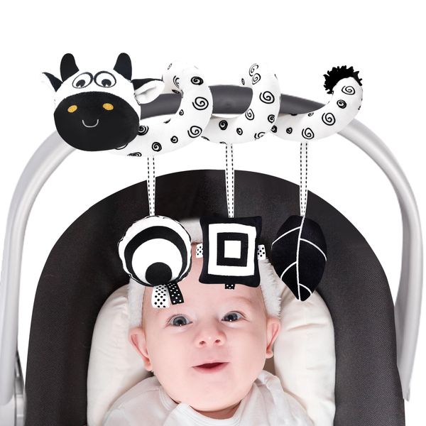 vocheer High Contrast Baby Toys for Newborn, Black and White Hanging Toy Car seat Crib Move, Animal Circle Plush Stroller Toy, Squeak Travel Activity Wind Chimes 0-6 Months (Cow)