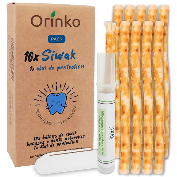 Orinko 10 Miswak Sticks + Capsule Case - 100% Natural Toothbrush - Cleaning, Disinfecting and Whitening - Ecological, Biodegradable and Vegan - Ebook Provided