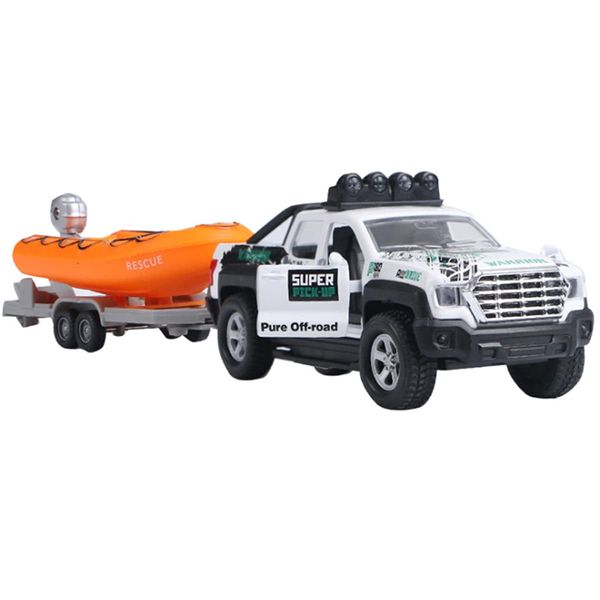 Pickup Truck Trailer Towing Speed Boat 2 in 1 Playset Diecast Model Car Metal Pull Back Toy Cars 1/36 SUV Vehicle Outdoor Sandbox Adventure Play Set Doors Open Light Sound Boys Toys Kids Gifts