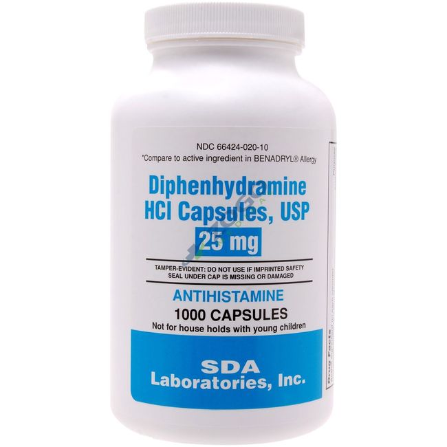 SDA Diphenhydramine 25mg Capsule (Compare to Benadryl) - Bottle of 1000 Capsules