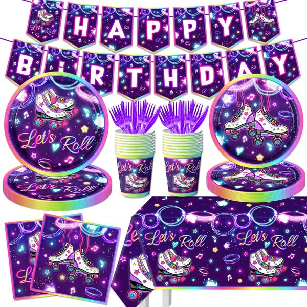 Roller Skating Party Supplies,Roll Theme Birthday Decoration,142 PCS Let's Roll Happy Birthday Supplies Include Plates Napkins Cups for Birthday Party,Serve for 20 Guests