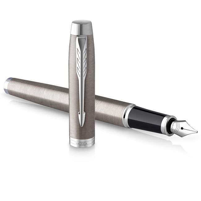 PARKER IM Fountain Pen | Stainless Steel with Chrome Trim | Medium Point with Blue Ink Cartridge | Gift Box