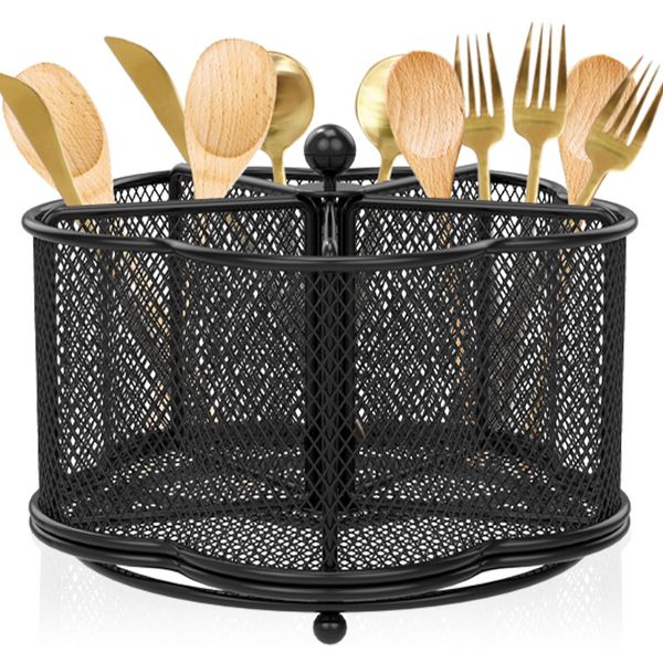 Kitchen Utensil Holder 360° Rotating Metal Mesh Utensil Organizer 5 Compartment Desktop Pencil Caddy Dining Tables Flatware Storage Basket