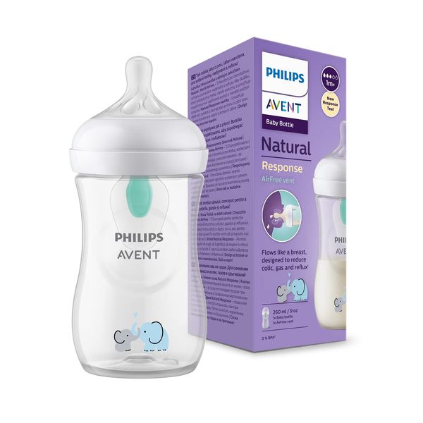 Philips Avent Natural Response Baby Bottle - 260ml Baby Milk Bottle with AirFree Vent, BPA Free for Newborn Babies Aged 1 Months+, Elephant Pattern (Model SCY673/81)