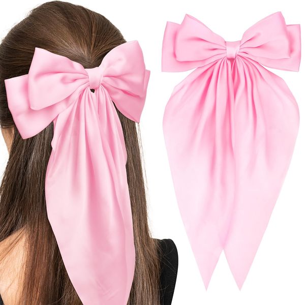 Ondder Pink Hair Bows for Women Satin Bow Hair Clips Large Long Tail Bows for Hair Big Hair Bows Hair Clip Barrettes Long Ribbon Bows for Hair Satin Bow Aesthetic Hair Accessories for Women Girls