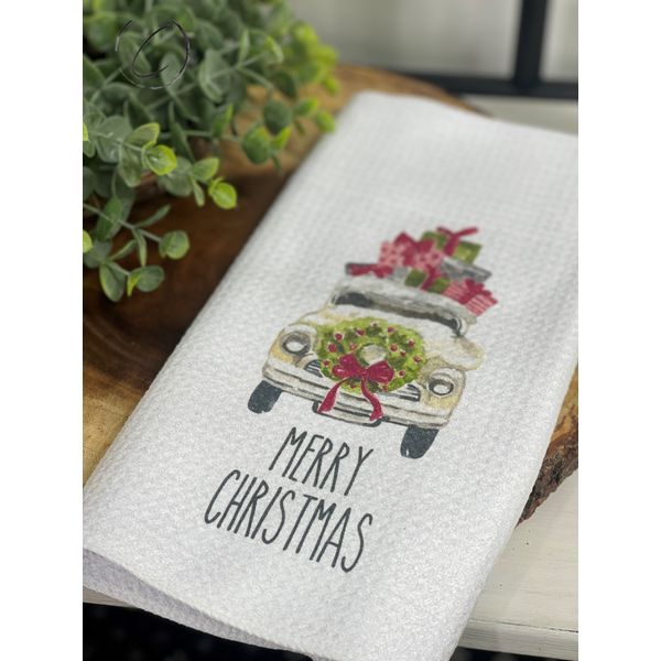 Merry Christmas Farm Truck Waffle Weave Tea Towel